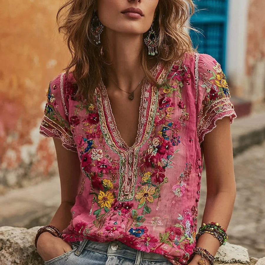 Cardydony Women's Bohemian Floral Embroidered V-neck Linen T-shirt