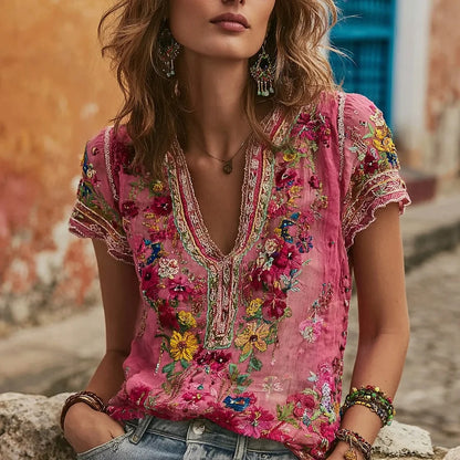 Cardydony Women's Bohemian Floral Embroidered V-neck Linen T-shirt