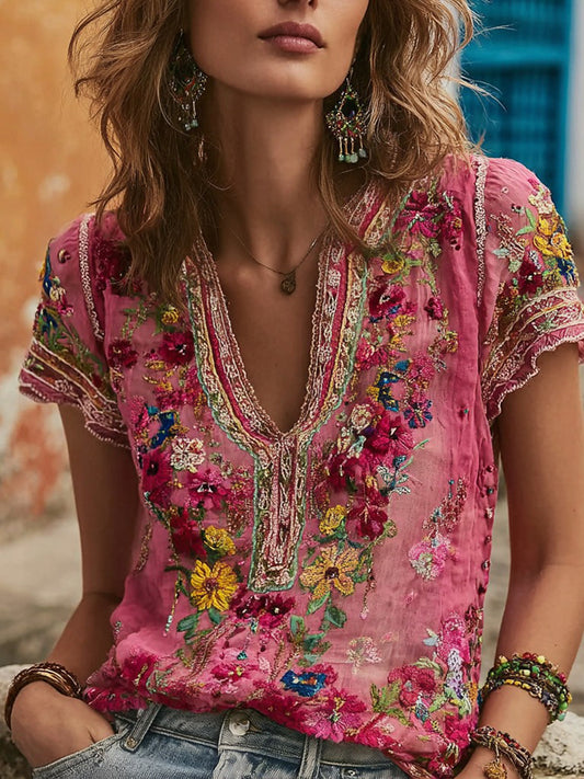 Cardydony Women's Bohemian Floral Embroidered V-neck Linen T-shirt