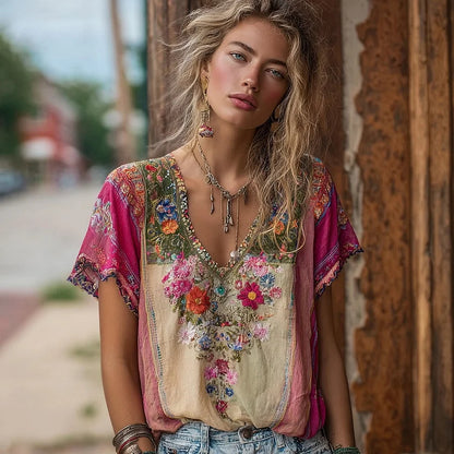 Cardydony Women's Bohemian Floral Embroidery Art V-neck Contrast Color Blend T-shirt