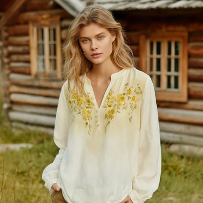 Cardydony Women's Bohemian Floral V-neck Long-sleeved T-shirt