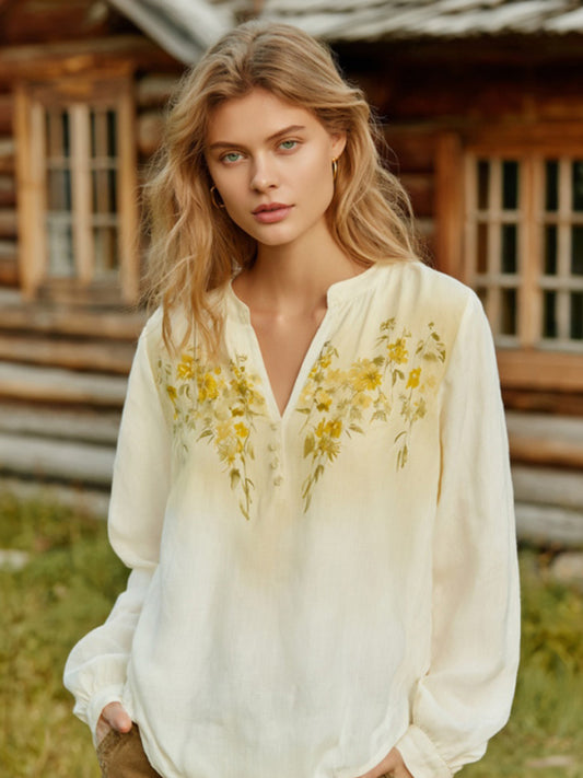 Cardydony Women's Bohemian Floral V-neck Long-sleeved T-shirt