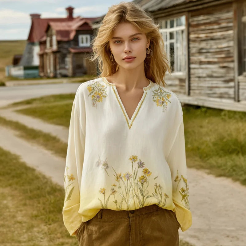 Cardydony Women's Bohemian Floral V-neck Long-sleeved T-shirt