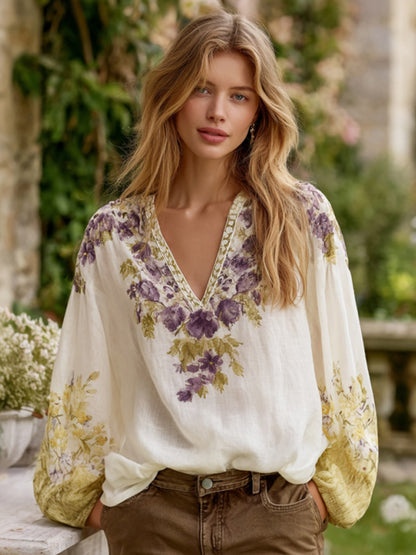 Cardydony Women's Bohemian Floral V-neck Long-sleeved T-shirt