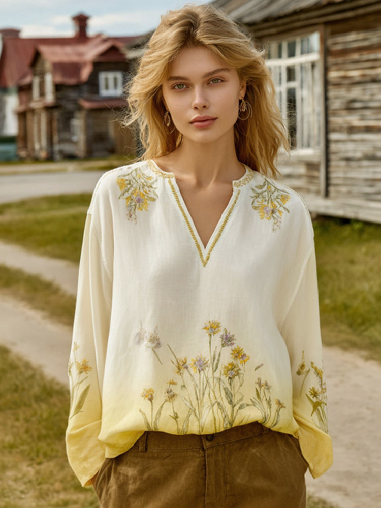 Cardydony Women's Bohemian Floral V-neck Long-sleeved T-shirt