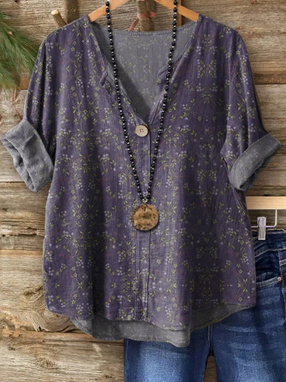 Cardydony Women's Bohemian Style Floral Art Print Casual Linen Shirt