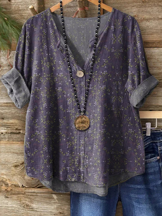 Cardydony Women's Bohemian Style Floral Art Print Casual Linen Shirt