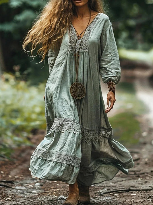 Cardydony Women's Bohemian V-neck Linen Blend Ethnic Midi Dress
