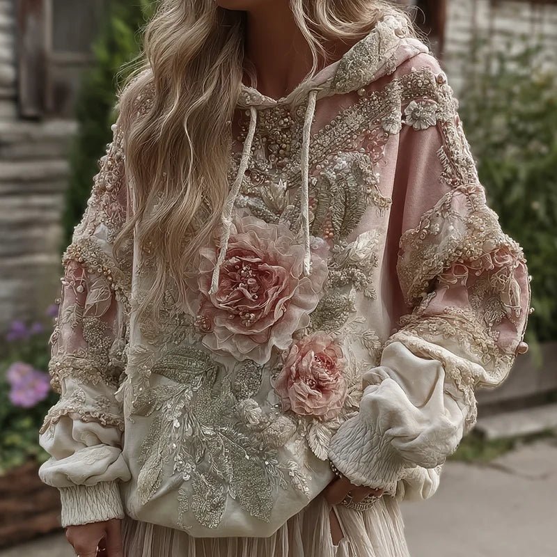 Cardydony Women's Boho Flower Embroidered Art Comfy Hoodie