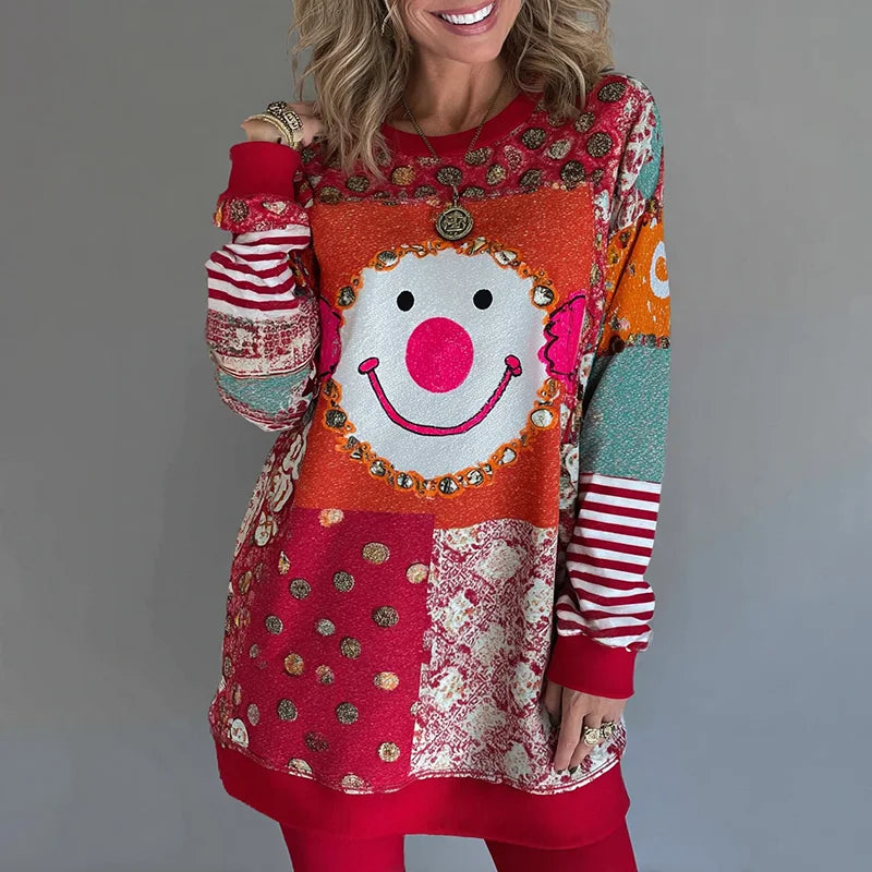 Cardydony Women's Carnival Clown Patchwork Contrast Print Sweatshirt Mini Dress