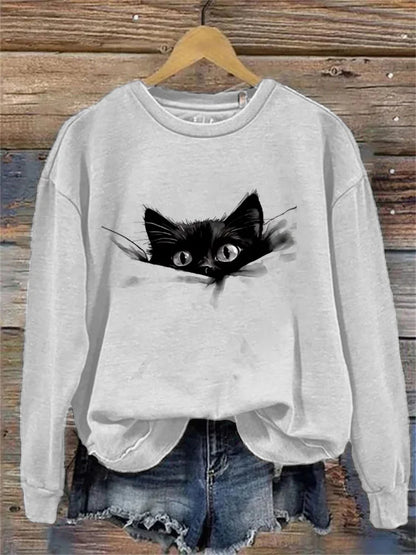Cardydony Women's Casual Funny Black Cat Print Sweatshirt