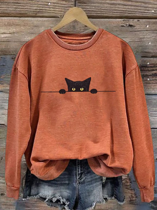 Cardydony Women's Casual Funny Black Cat Print Sweatshirt