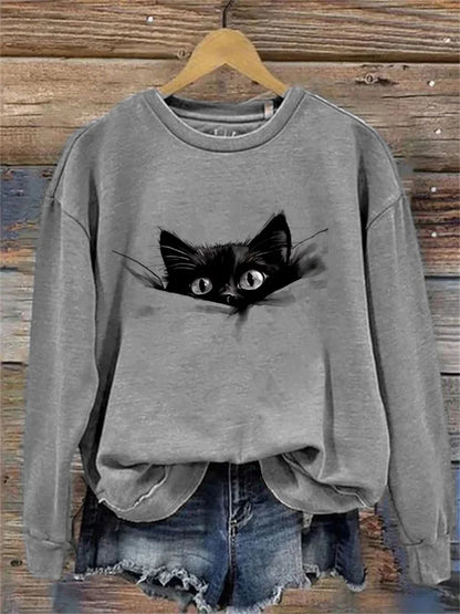 Cardydony Women's Casual Funny Black Cat Print Sweatshirt