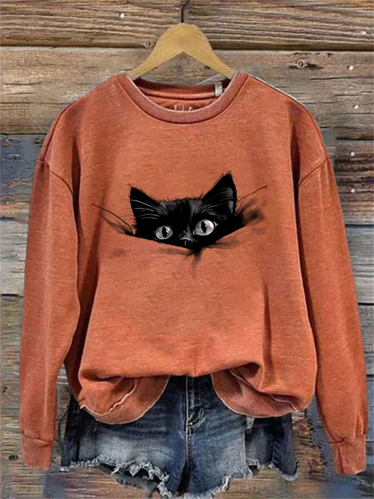 Cardydony Women's Casual Funny Black Cat Print Sweatshirt