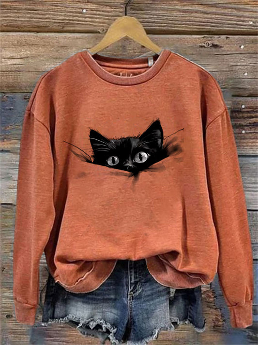 Cardydony Women's Casual Funny Black Cat Print Sweatshirt
