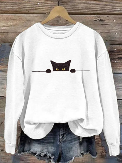 Cardydony Women's Casual Funny Black Cat Print Sweatshirt