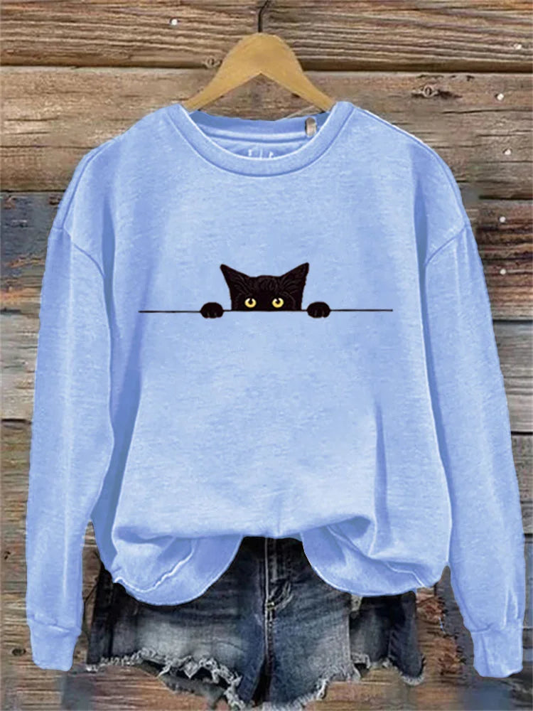 Cardydony Women's Casual Funny Black Cat Print Sweatshirt