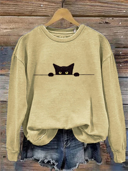 Cardydony Women's Casual Funny Black Cat Print Sweatshirt