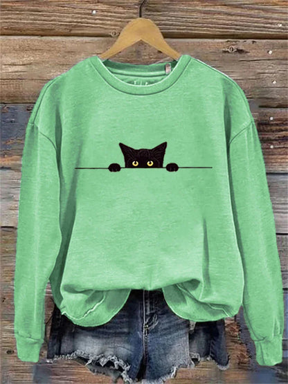 Cardydony Women's Casual Funny Black Cat Print Sweatshirt