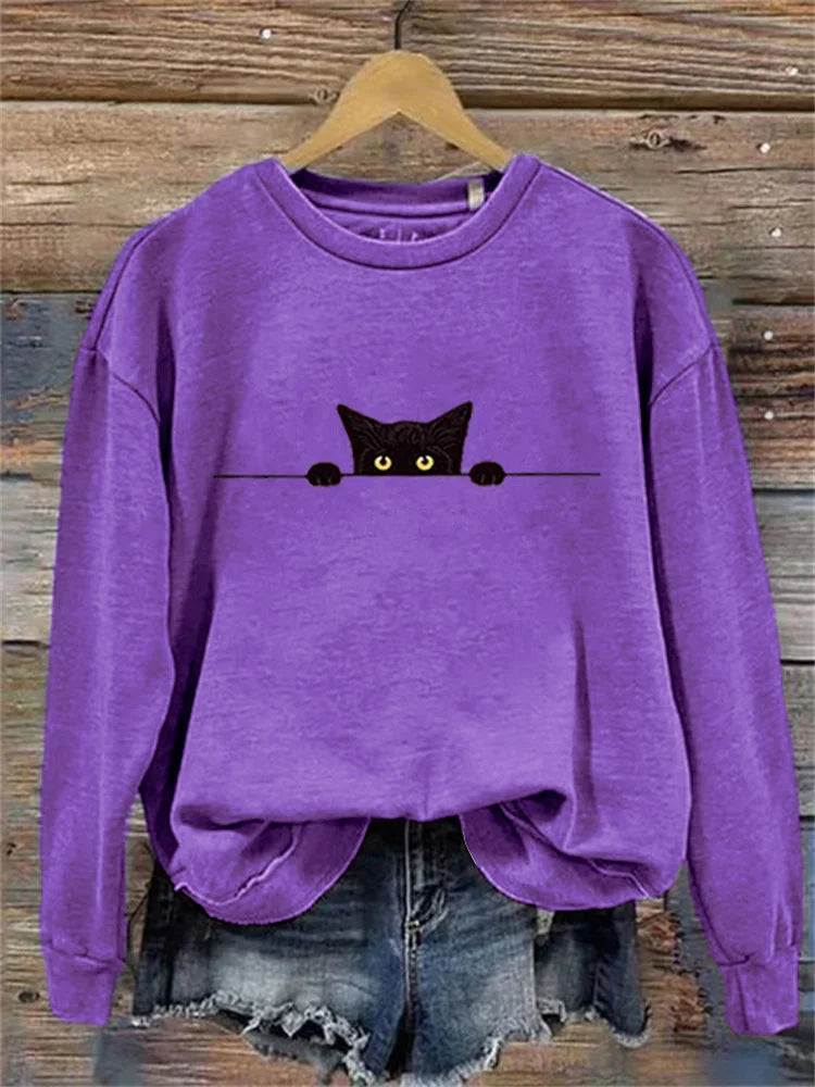 Cardydony Women's Casual Funny Black Cat Print Sweatshirt