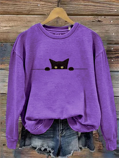 Cardydony Women's Casual Funny Black Cat Print Sweatshirt