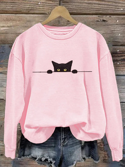 Cardydony Women's Casual Funny Black Cat Print Sweatshirt