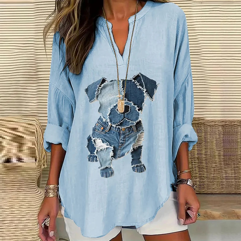 Cardydony Women's Casual Funny Denim Dog Print T-shirt