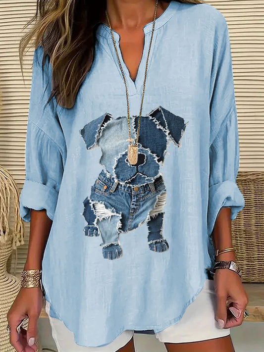 Cardydony Women's Casual Funny Denim Dog Print T-shirt