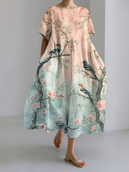 Cardydony Women's Casual Japanese Floral And Bird Gradient Art Print Dress
