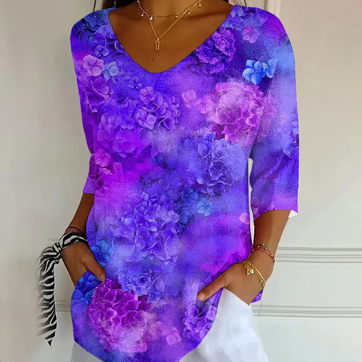Cardydony Women's Casual Purple Awareness Purple Floral Graphic Print V Neck T-shirt