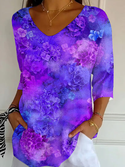 Cardydony Women's Casual Purple Awareness Purple Floral Graphic Print V Neck T-shirt