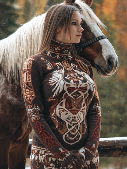 Cardydony Women's Casual Retro Viking Tribal Totem Print Sweater