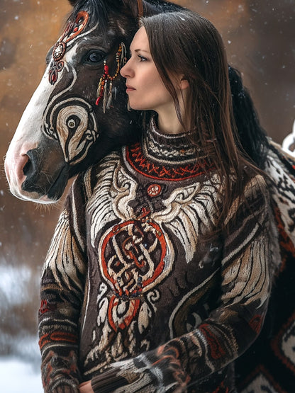 Cardydony Women's Casual Retro Viking Tribal Totem Print Sweater