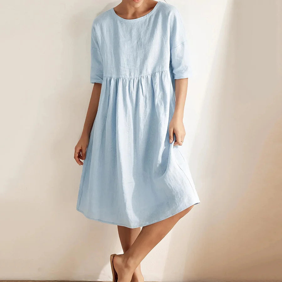 Cardydony Women's Casual Solid Color Linen Basic Midi Dress