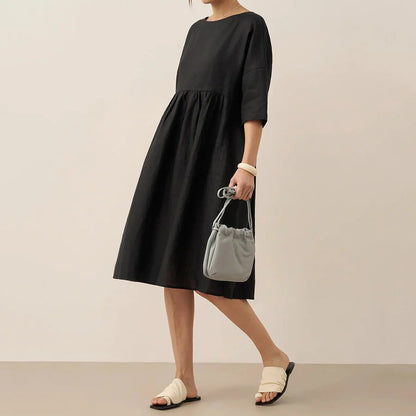 Cardydony Women's Casual Solid Color Linen Basic Midi Dress