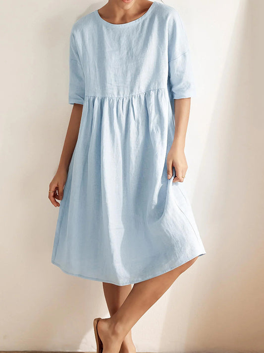 Cardydony Women's Casual Solid Color Linen Basic Midi Dress
