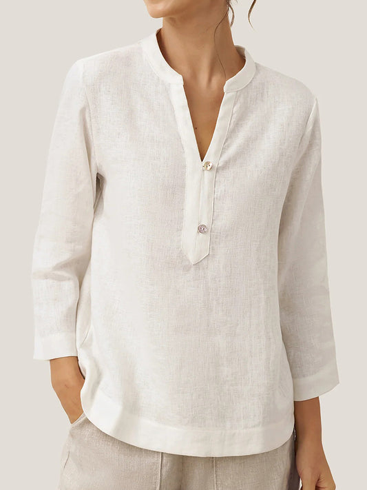 Cardydony Women's Casual Solid Color Linen V-neck Pullover With Button Top