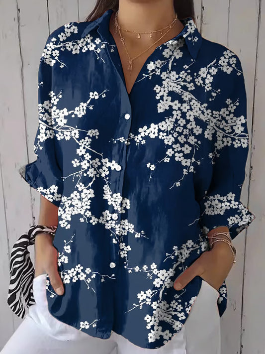 Cardydony Women's Casual Vintage Blue Floral Art Print Shirt