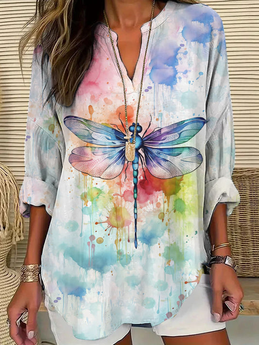 Cardydony Women's Casual Watercolor Dragonfly Cotton Blend Print T-shirt3