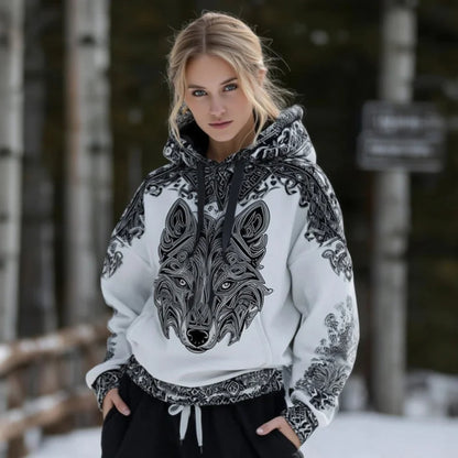 Cardydony Women's Celtic Art Style Wolf Pattern Comfortable Hooded Sweatshirt