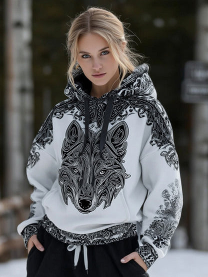 Cardydony Women's Celtic Art Style Wolf Pattern Comfortable Hooded Sweatshirt