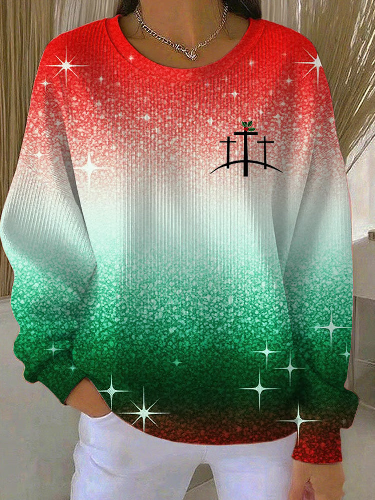 Cardydony Women's Christmas-themed Knit Crew Neck Long-sleeve Top With Faith Print