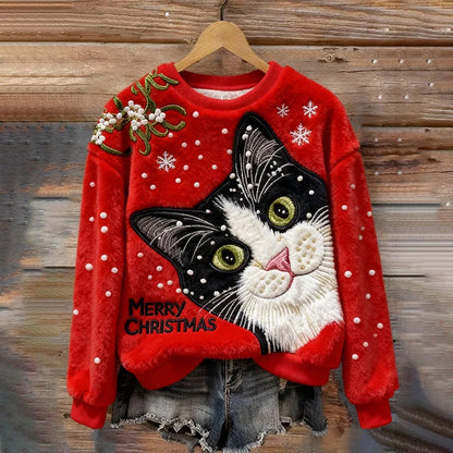 Cardydony Women's Christmas Cat Embroidery Art Comfort Plush Sweatshirt