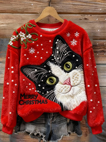 Cardydony Women's Christmas Cat Embroidery Art Comfort Plush Sweatshirt