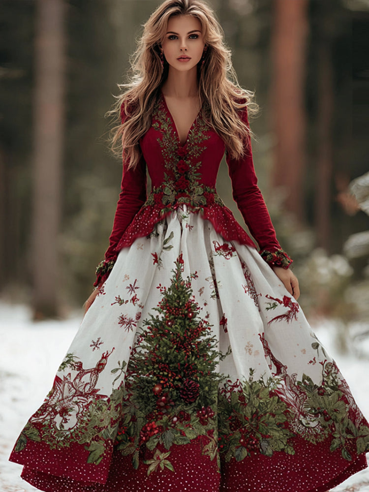Cardydony Women's Christmas V-neck Cotton And Linen Long Dress