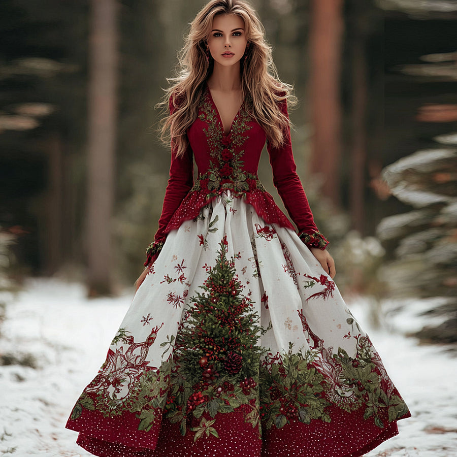 Cardydony Women's Christmas V-neck Cotton And Linen Long Dress