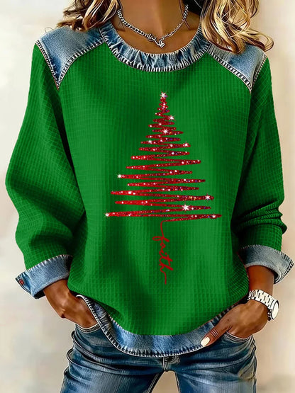 Cardydony Women's Christmas Waffle Crew Neck Casual Sweatshirt