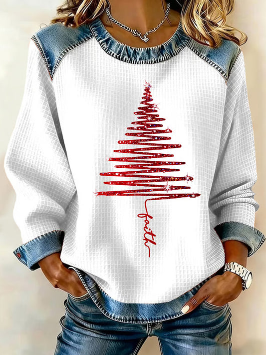 Cardydony Women's Christmas Waffle Crew Neck Casual Sweatshirt