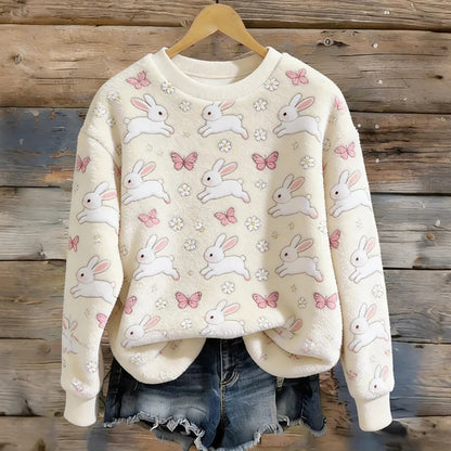 Cardydony Women's Cute Bunny And Butterfly Pattern Winter Plush Crew Neck Sweatshirt