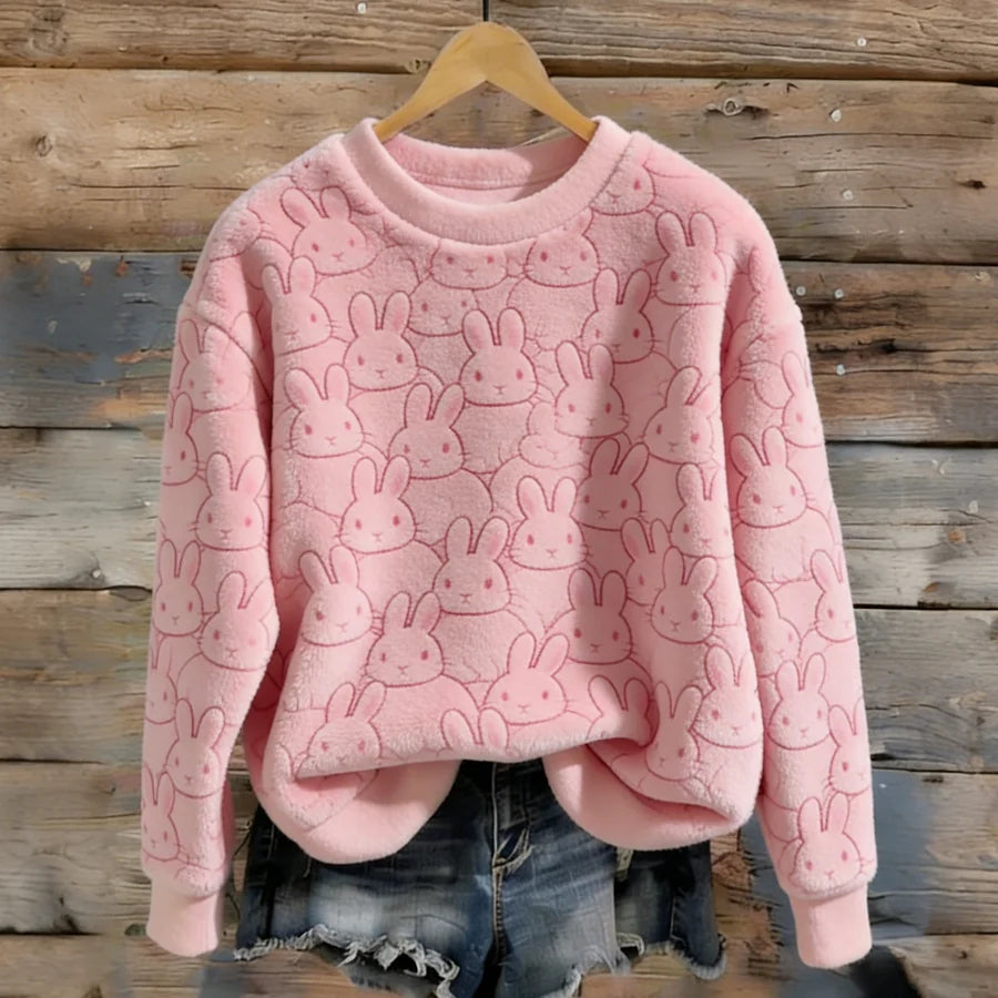 Cardydony Women's Cute Bunny Pattern Winter Plush Crew Neck Sweatshirt